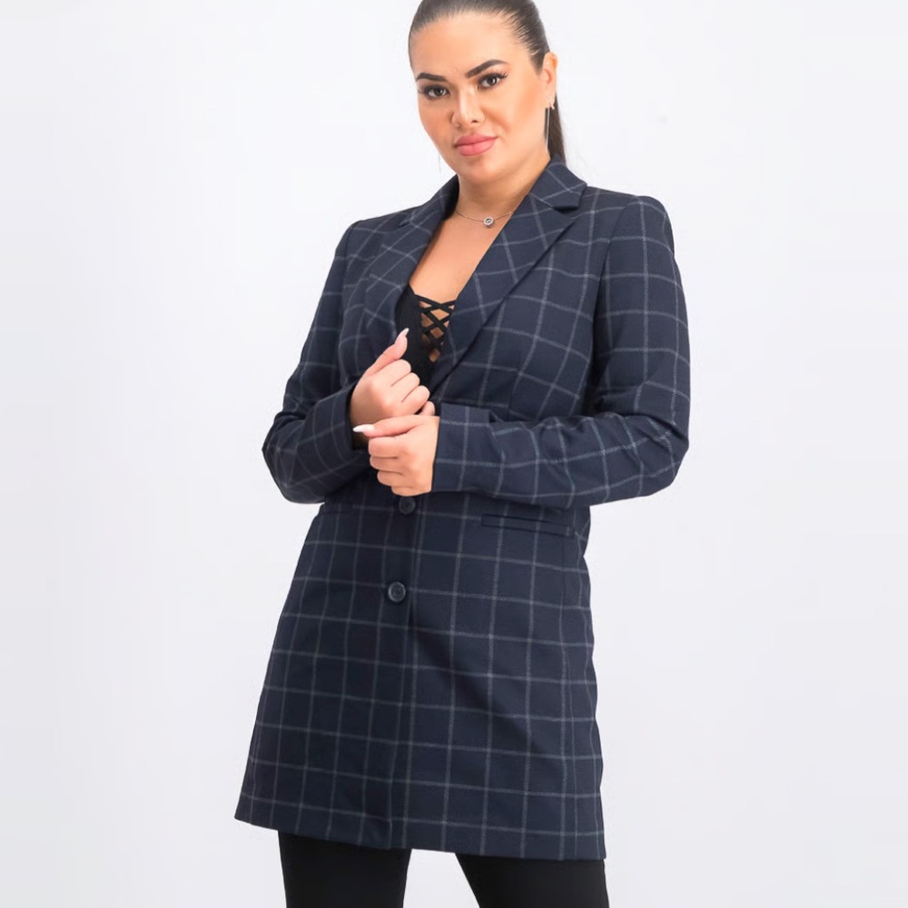 Tahari navy blue Plaid blazer coat size 16 classic